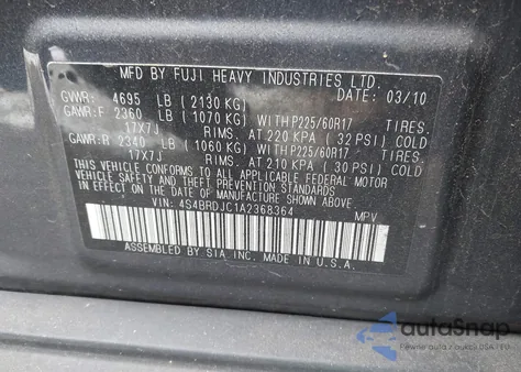 2010 Subaru Outback 3.6R Limited from USA, damaged, VIN 4S4BRDJC1A2368364